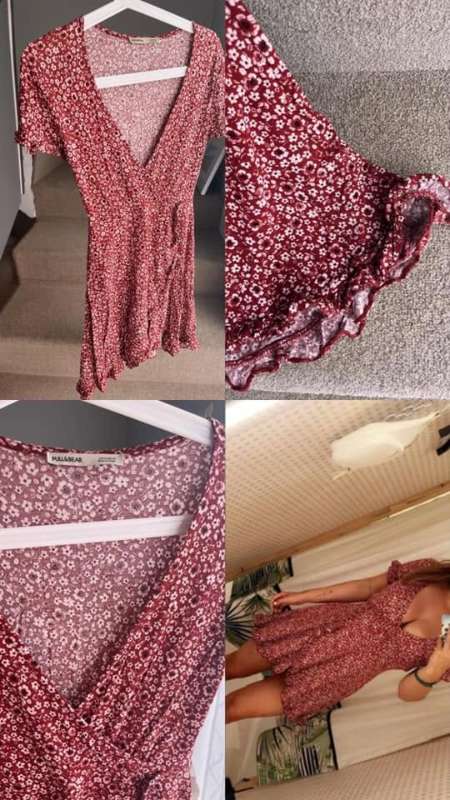 Rauður kjóll með blómamynstri pull & bear